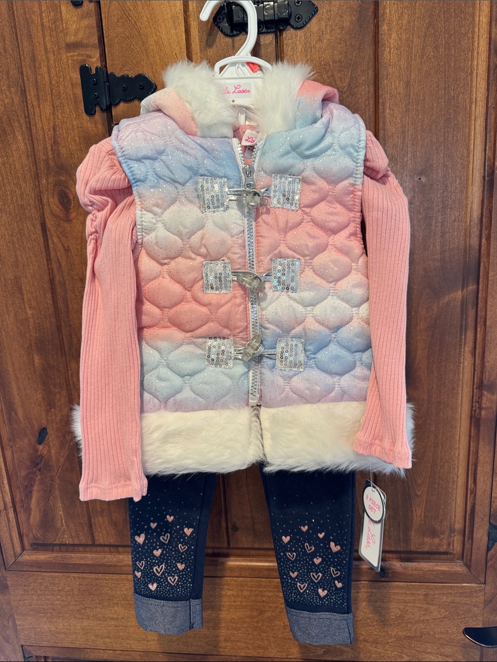 Sparkle Gradient Pink & Blue Quilted Hooded Jacket with Faux Fur Trim - Kids